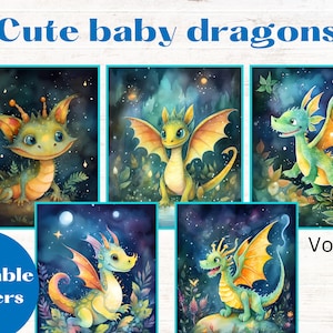 Cute baby dragons wall art, 7 printable dragon posters, nursery wall art, fairytale dragon kids bedroom art download, full page illustration