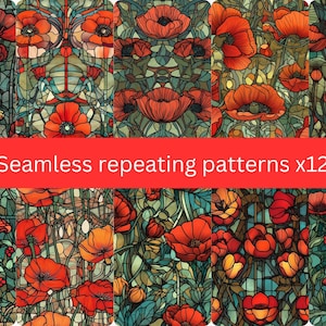 May include: A collection of twelve seamless repeating patterns featuring stylized red poppies with green and blue foliage. The patterns have a stained-glass effect. The text "Seamless repeating patterns x12" is displayed on a red banner.