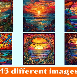 May include: A collection of six square digital art prints featuring vibrant stained glass style sunset ocean scenes with colorful clouds, waves, and coastal foliage. The bottom of the image displays the white text 15 different images.