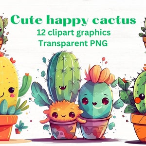 CUTE HAPPY CACTUS conjunto de imágenes prediseñadas de dibujos animados, 12 imágenes prediseñadas, archivos png transparentes, cactus, plantas de interior, jardinería, plantas kawaii conjunto de imágenes prediseñadas