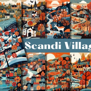Folk Art Scandi Village carte digitali, sfondi, confezione di carta scrapbook digitale, 16 carte decorative, arte popolare natalizia Scandi Nordic