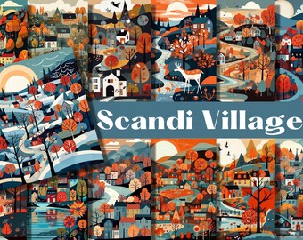 Folk Art Scandi Village digital papers, backgrounds, digital scrapbook paper pack, 16 decorative papers, Scandi Nordic Christmas folk art