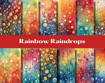 Rainbow Raindrops digital papers, backgrounds, digital scrapbook paper pack, 17 decorative papers, water droplets, rain, bright colors