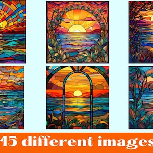 May include: A collection of six square stained glass style digital art panels depicting vibrant sunset ocean scenes with colorful clouds, waves, and silhouettes of trees or arches. The text 15 different images is displayed at the bottom.