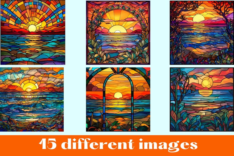 May include: A collection of six square stained glass style digital art panels depicting vibrant sunset ocean scenes with colorful clouds, waves, and silhouettes of trees or arches. The text 15 different images is displayed at the bottom.