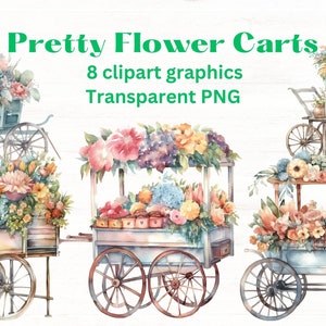 BLUMENWAGEN oder STAND Aquarell Clipart Illustrationen, 8 Clip Art Bilder, transparente png-Dateien, florale Cliparts, hübsche Muttertag Geburtstag