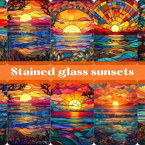 Stained glass sunsets, detailed sunsets in the style of stained glass, digital art, print at home, backgrounds, digital paper, wallpapers
