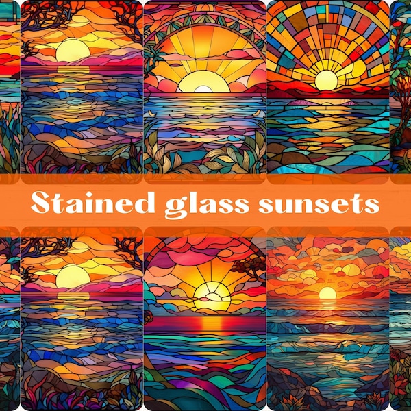 Stained glass sunsets, detailed sunsets in the style of stained glass, digital art, print at home, backgrounds, digital paper, wallpapers