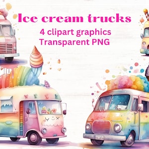 Colorful ice cream trucks clipart, 4 clip art images, transparent png files, watercolor illustrations, candy sweet ice cream van seller