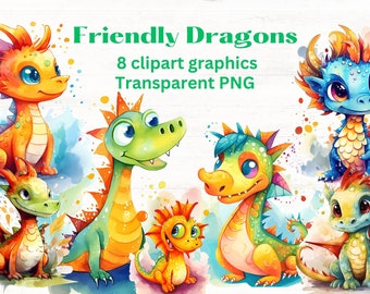 Cute Dragons clipart, 8 clip art images, transparent png files, cartoon illustrations, dragon clipart for kids, friendly colorful dragons
