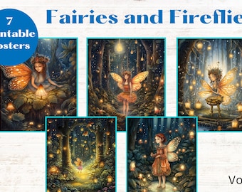 Fairies and fireflies wall art, 7 printable fairy posters, nursery wall art, download