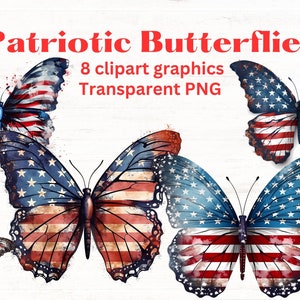 Patriotic American Flag Butterflies clipart, 8 clip art images, transparent png files, watercolor illustrations, 4th July, Stars and Stripes