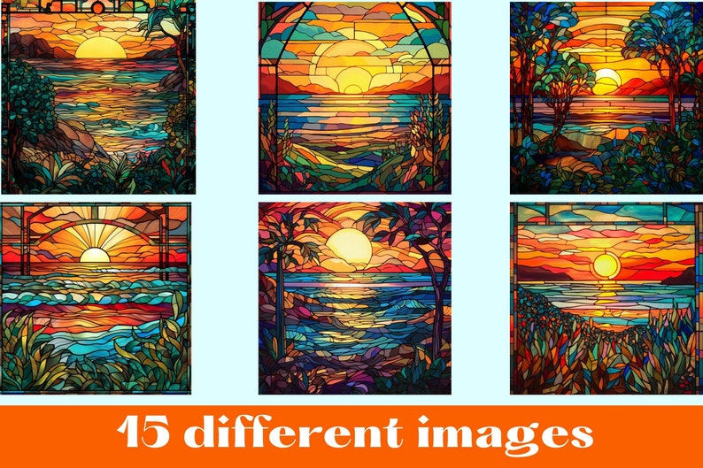 May include: A collection of six square stained glass panels featuring vibrant sunset landscapes over oceans and coastal scenery with trees and foliage. The text 15 different images is displayed in white font on an orange banner at the bottom.