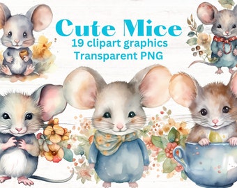 Cute MICE clipart set, 19 clip art images, transparent png files, watercolor illustrations, mouse clipart