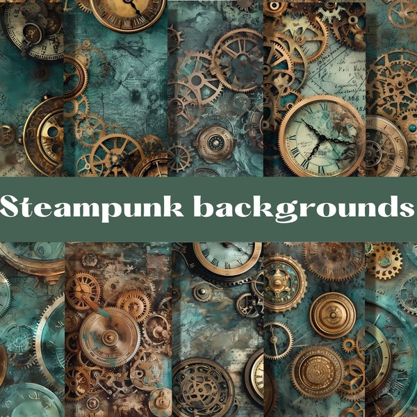 Vintage Steampunk style digital papers, backgrounds, digital scrapbook paper pack, 12 decorative papers, old watches, cogs, vintage, compass