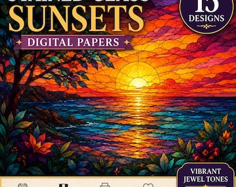 Stained Glass Sunset Digital Papers | 15 Colorful Sunset Backgrounds | Scrapbook Paper | Junk Journal Pages | Printable Craft Papers