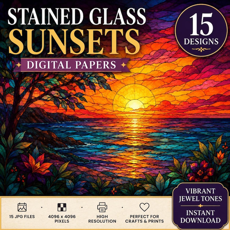 Stained Glass Sunset Digital Papers | 15 Colorful Sunset Backgrounds | Scrapbook Paper | Junk Journal Pages | Printable Craft Papers image 1