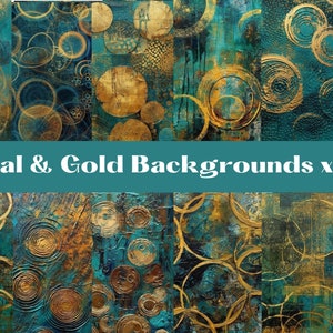 Teal en Gold Texture digitale papers, achtergronden, abstract patroon, digitale scrapbook paper pack, 12 decoratieve papers metallic mixed media