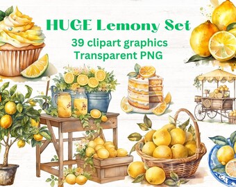 HUGE Lemons clipart set, 39 clip art images, transparent png files, watercolor illustrations, lemonade stand, lemon cake, lemon tea