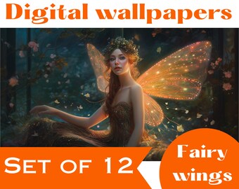 Set of 12 Glowing Fairy Wings photorealistic digital wallpapers or backgrounds 16:9 size Art Nouveau style magical forests, instant download