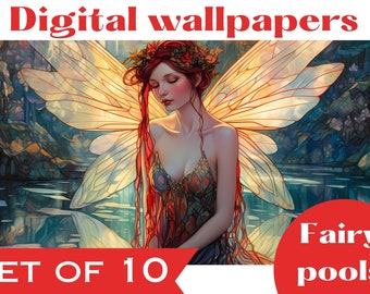 Set of 12 Forest Pool Fairies photorealistic digital wallpapers or backgrounds 16:9 size Art Nouveau style magical forests, instant download