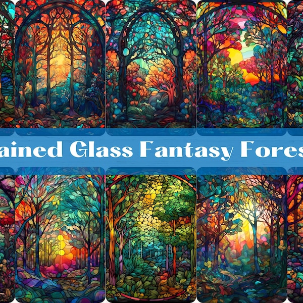 Stained glass fantasy forest landscapes, digital art, print at home posters, backgrounds, digital paper, wallpapers, instant download