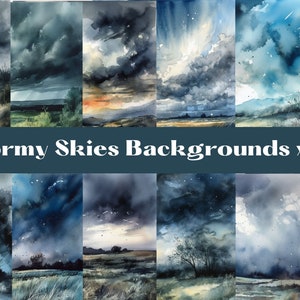 Könnte beinhalten: Zwölf Aquarellbilder von stürmischen Himmeln in verschiedenen Blautönen, Grautönen und Weißtönen. Die Himmel sind über einer Landschaft mit Feldern und Bäumen dargestellt. Die Bilder sind mit "Stormy Skies Backgrounds x12" betitelt.