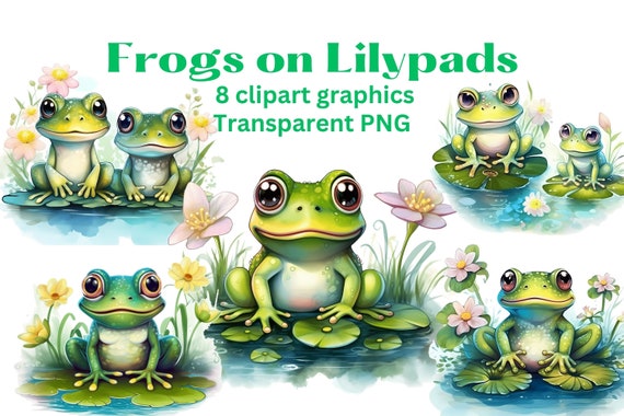 Cute FROGS ON LILYPADS Clipart Set, 8 Clip Art Images, Transparent