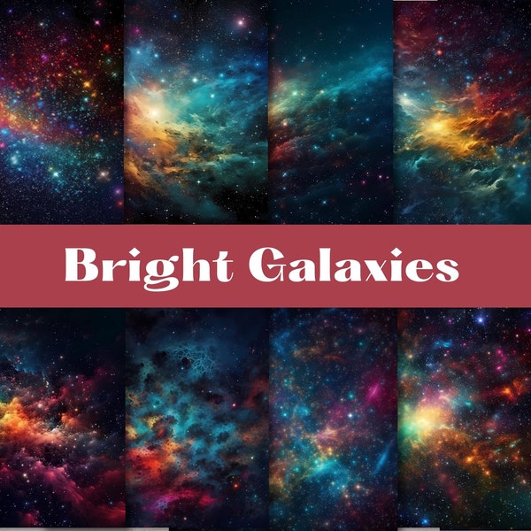 Bright Galaxies digital papers, space backgrounds, digital scrapbook paper pack, 12 decorative papers, galaxy space moon stars background