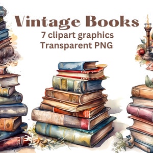 Watercolor Vintage Books Library Clipart. Vintage Art Library