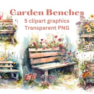 GARDEN BENCHES with flowers clipart illustrations, 5 watercolor clip art images, transparent png files, pretty garden seats