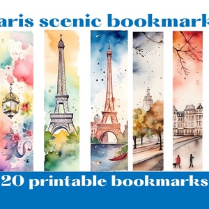 Marcapáginas imprimibles escénicos de París, escenas de la ciudad, Torre Eiffel, marcapáginas para imprimir en casa, ilustraciones en acuarela