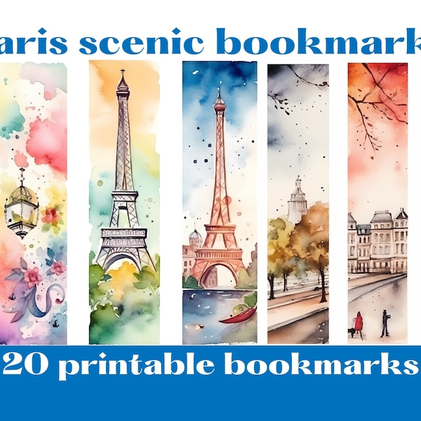 Marque-pages imprimables panoramiques de Paris, scènes de la ville, Tour Eiffel, marque-pages imprimés à la maison, illustrations à l'aquarelle