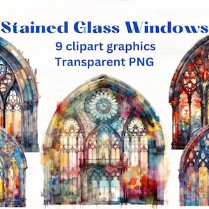 Illustrations de clipart aquarelle de vitraux Windows, 9 images clipart aquarelle, fichiers png transparents, clipart de fenêtre cathédrale gothique