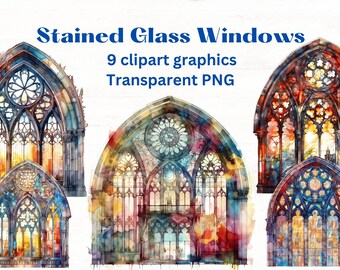 Buntglas Fenster Aquarell Clipart Illustrationen, 9 Aquarell Clip Art Bilder, transparente png-Dateien, gotische Kathedrale Fenster Clipart