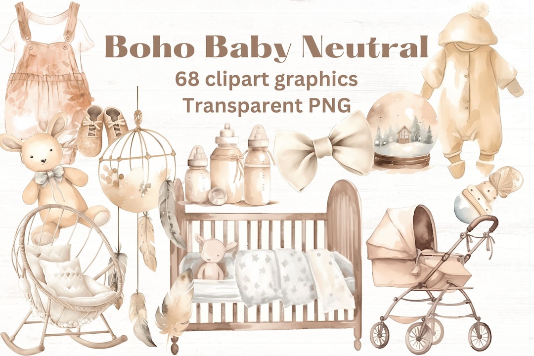 BOHO BABY SHOWER Neutral Clipart Illustrations, 68 Watercolor Clip Art ...