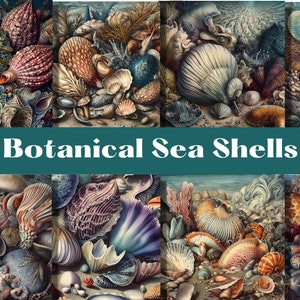 Seashells Fantasy Botanical Illustration papeles digitales, fondos, paquete de papel de scrapbook digital, 12 papeles decorativos, conchas de mar océano