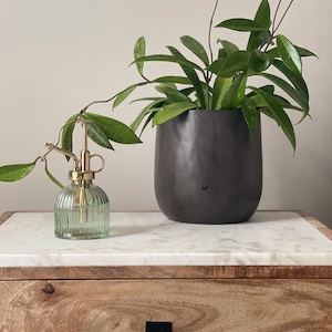 May include: A green glass plant mister with a gold top and a dark gray ceramic pot with a green leafy plant inside. The pot is sitting on a white marble surface with a wooden drawer underneath.