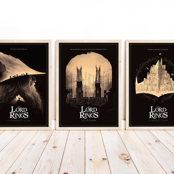 Ensemble de trois affiches du Seigneur des anneaux PDF imprimable, Terre du Milieu, Communauté de l'Anneau LOTR, Deux tours, affiche de voyage Le Retour du roi