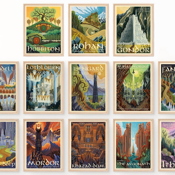 Set of 13 Lord of The Rings Poster Printable PDF, LOTR Middle Earth, Rings of Power, LOTR Travel Poster, Lord of the Rings Home Decor