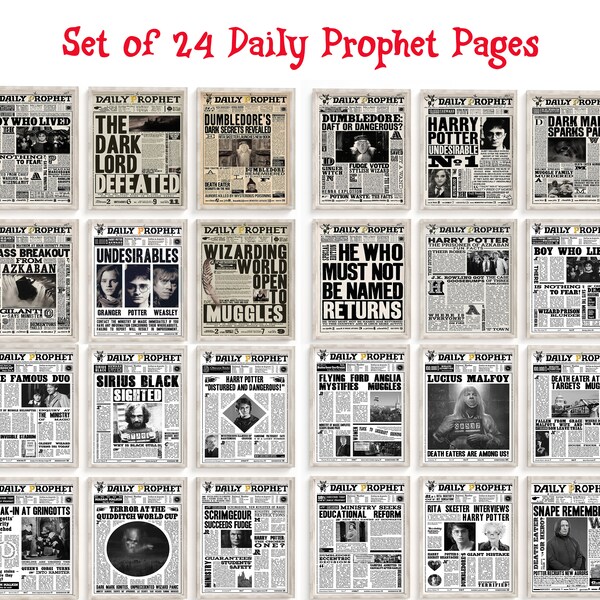 Ensemble de 24 pages du Daily Prophet imprimables remasterisées, affiches HP, art mural HP, affiche de voyage, art mural imprimable, journal HP Home Decor