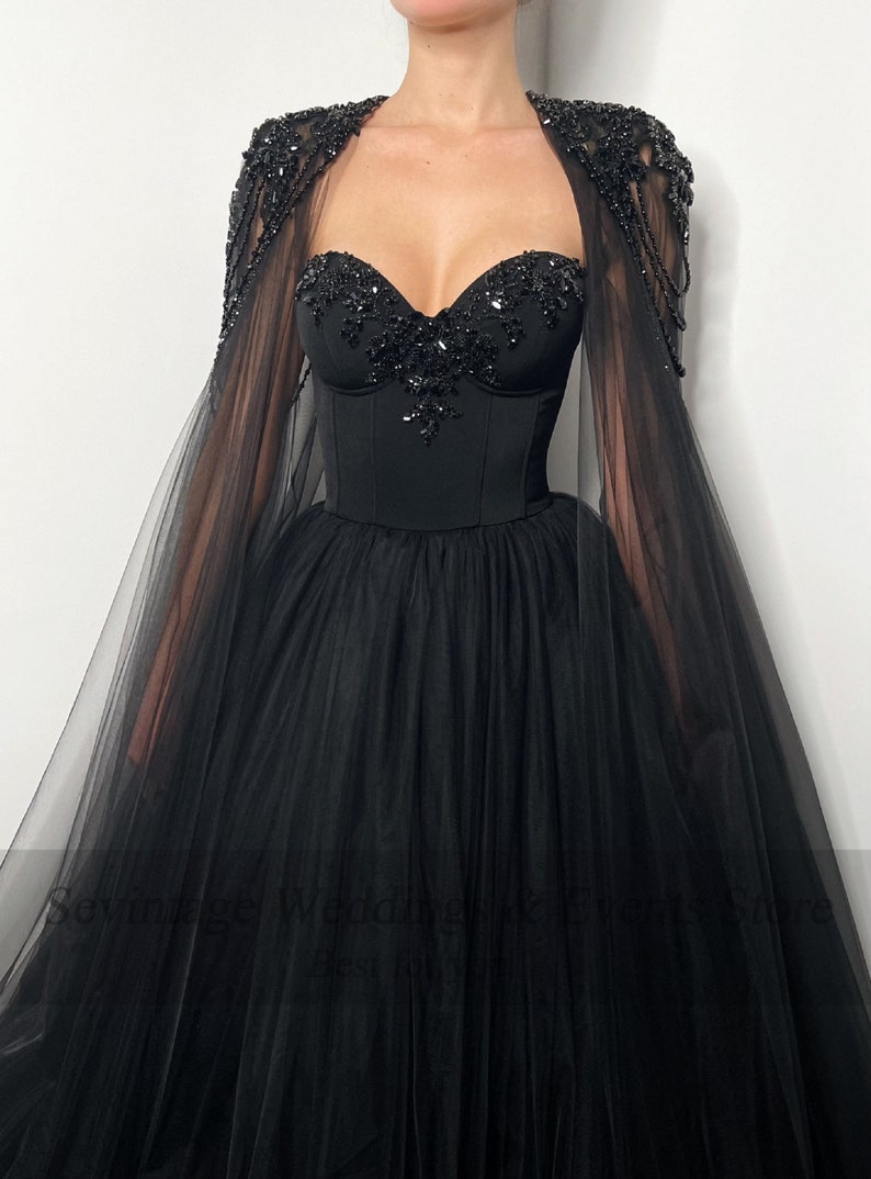 Black Bridal Dress With Beaded Cape Black Evening Dress - Etsy