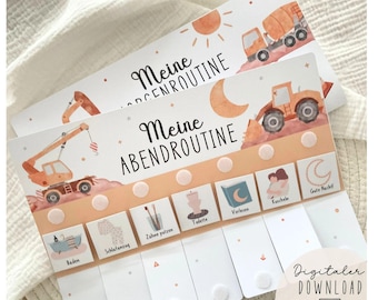May include: Two watercolour-style charts with the text "Meine Abendroutine" and "Meine Morgenroutine". The charts feature illustrations of construction vehicles, a sun, and a moon. The bottom chart has icons for daily activities. The top of the chart reads "Editierbar".