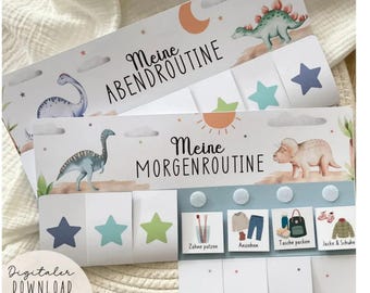 May include: Two illustrated routine charts with the text "Meine ABENDROUTINE" and "Meine MORGENROUTINE". The charts feature dinosaur illustrations, stars, and icons for daily tasks. The words "Digitaler DOWNLOAD" are also visible.