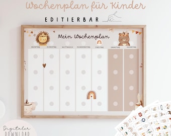 May include: A wooden framed weekly planner for children with the text "Mein Wochenplan". The planner features illustrations of a lion, bear, and rainbow. Includes a set of 340 cards with various icons. The words "Digital Download" are also visible.