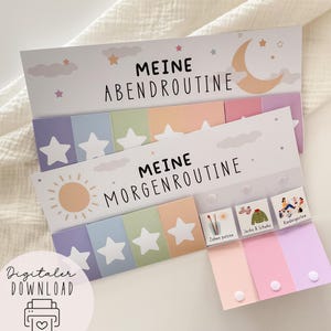 Könnte beinhalten: Zwei farbenfrohe Routine-Charts mit den Texten "MEINE ABENDROUTINE" und "MEINE MORGENROUTINE". Die Charts zeigen Pastellfarben, Sterne, eine Sonne und einen Mond. In der linken unteren Ecke steht "Digitaler DOWNLOAD" mit einem Drucker-Symbol.