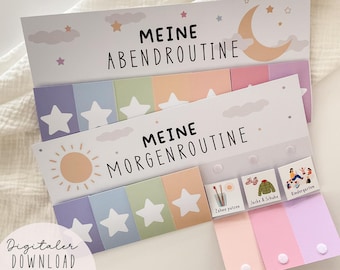 Morgen & Abendroutine Kinder Bunt Morgenroutine Plan Tagesplan Routineplaner Vorlage Montessori zum Ausdrucken