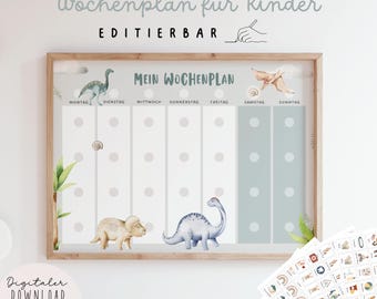 May include: A wooden-framed weekly planner for children, with dinosaur illustrations and the text "Mein Wochenplan." The planner includes days of the week, dotted sections, and the words "Digital Download" and "340 Cards."
