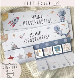 Könnte beinhalten: Ein Kinder-Routine-Chart mit Weltraum-Illustrationen. Der Chart enthält den Text "MEINE MORGENROUTINE" und "MEINE ABENDROUTINE" mit Bildern von Raketen, Astronauten und Planeten. Der Text "Digitaler DOWNLOAD" ist ebenfalls sichtbar.