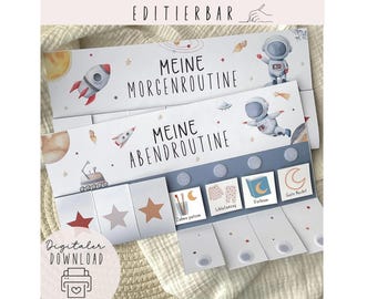 Morgen und Abendroutine für Kinder Space Routineplaner mit Sternchen Morgenroutine für Kinder Montessori editierbar zum Ausdrucken